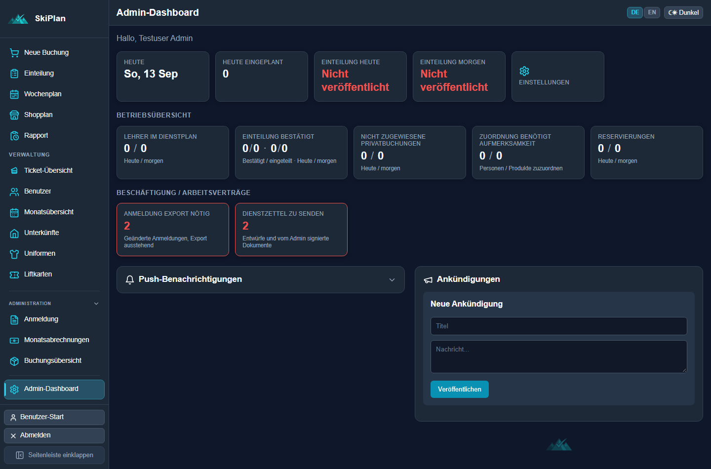 SkiPlan Admin-Dashboard mit Seitenleiste, Betriebsübersicht und Beschäftigungs-Kacheln