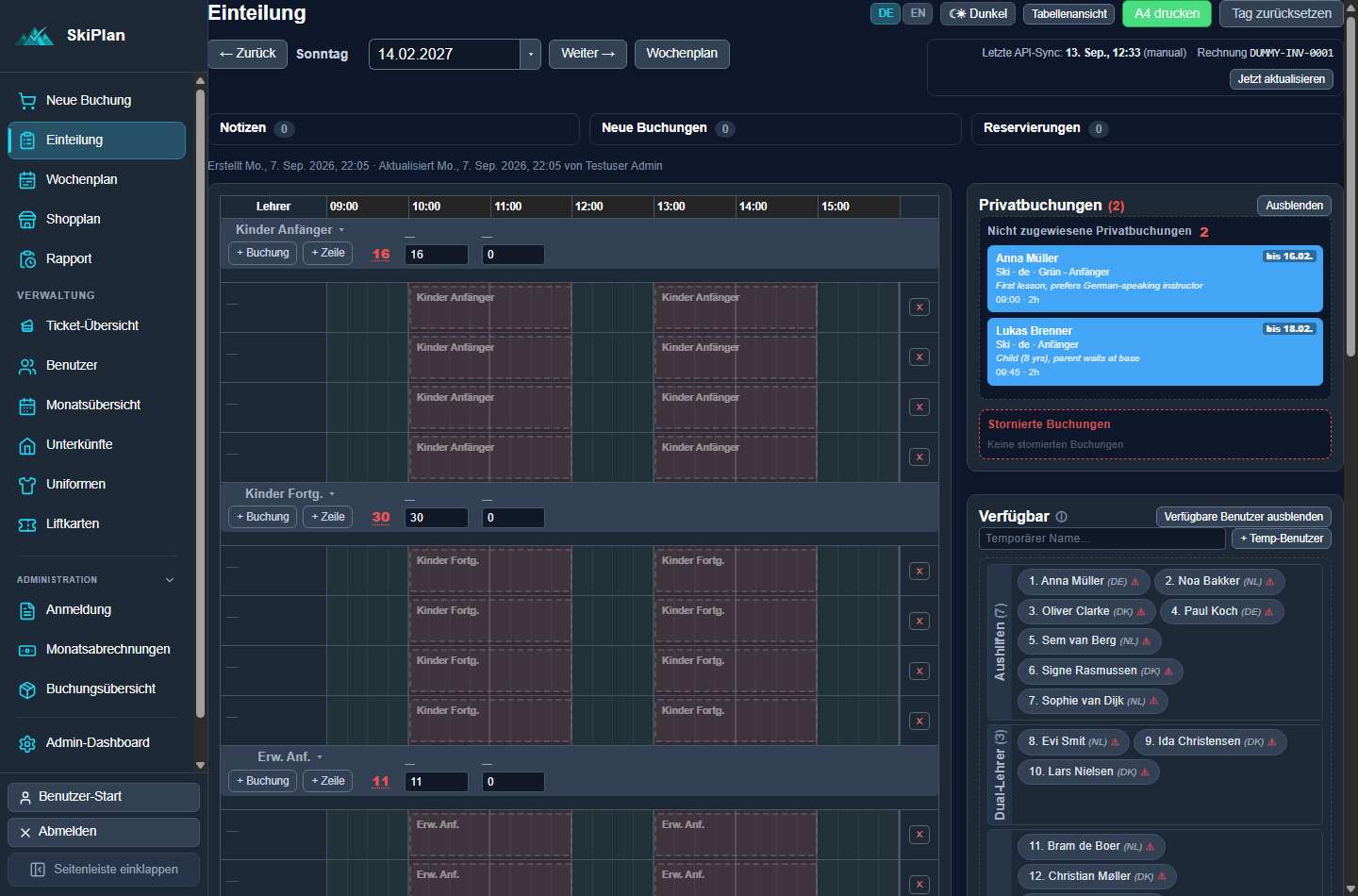 Timegrid-Ansicht der Gruppenkurse mit Zeitblöcken auf einer Stundenachse