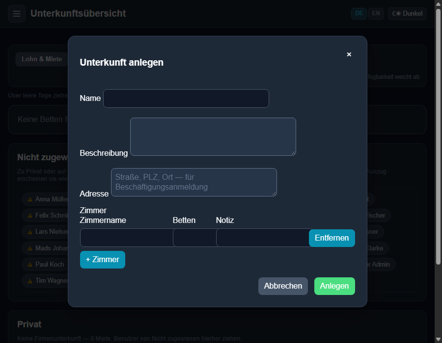 Formular Unterkunft anlegen mit Name, Beschreibung, Adresse und Zimmerliste